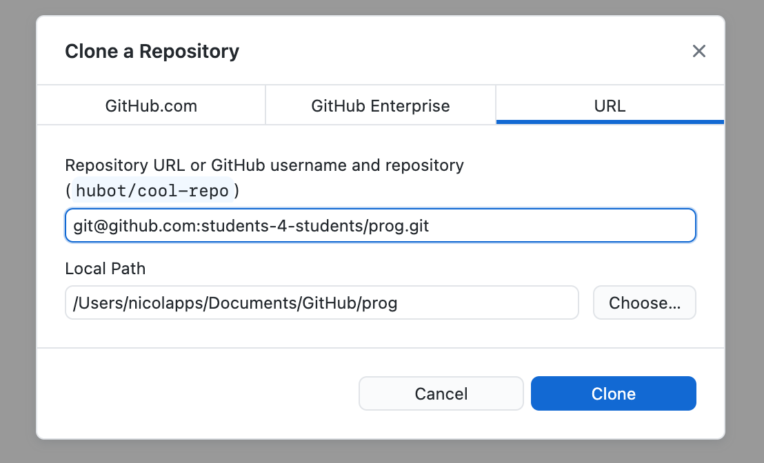 Fenêtre Clone a Repository de GitHub Desktop