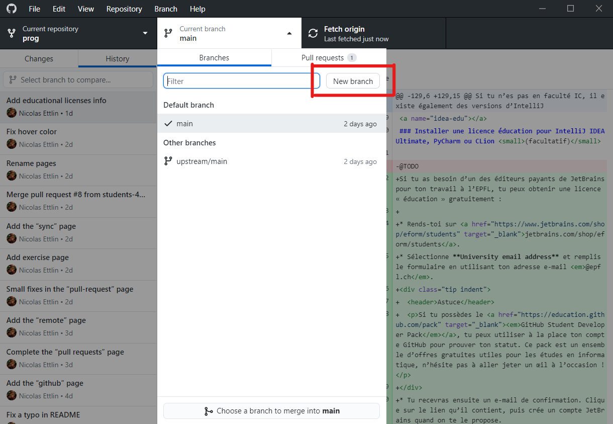 Bouton “New branch” dans GitHub Desktop