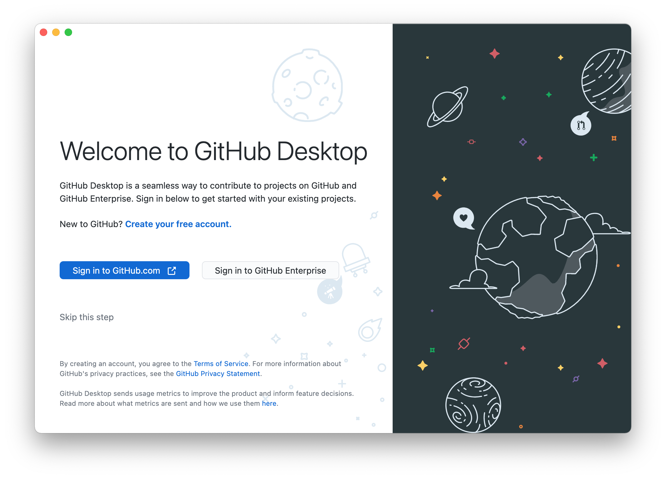 Écran “Welcome to GitHub Desktop”