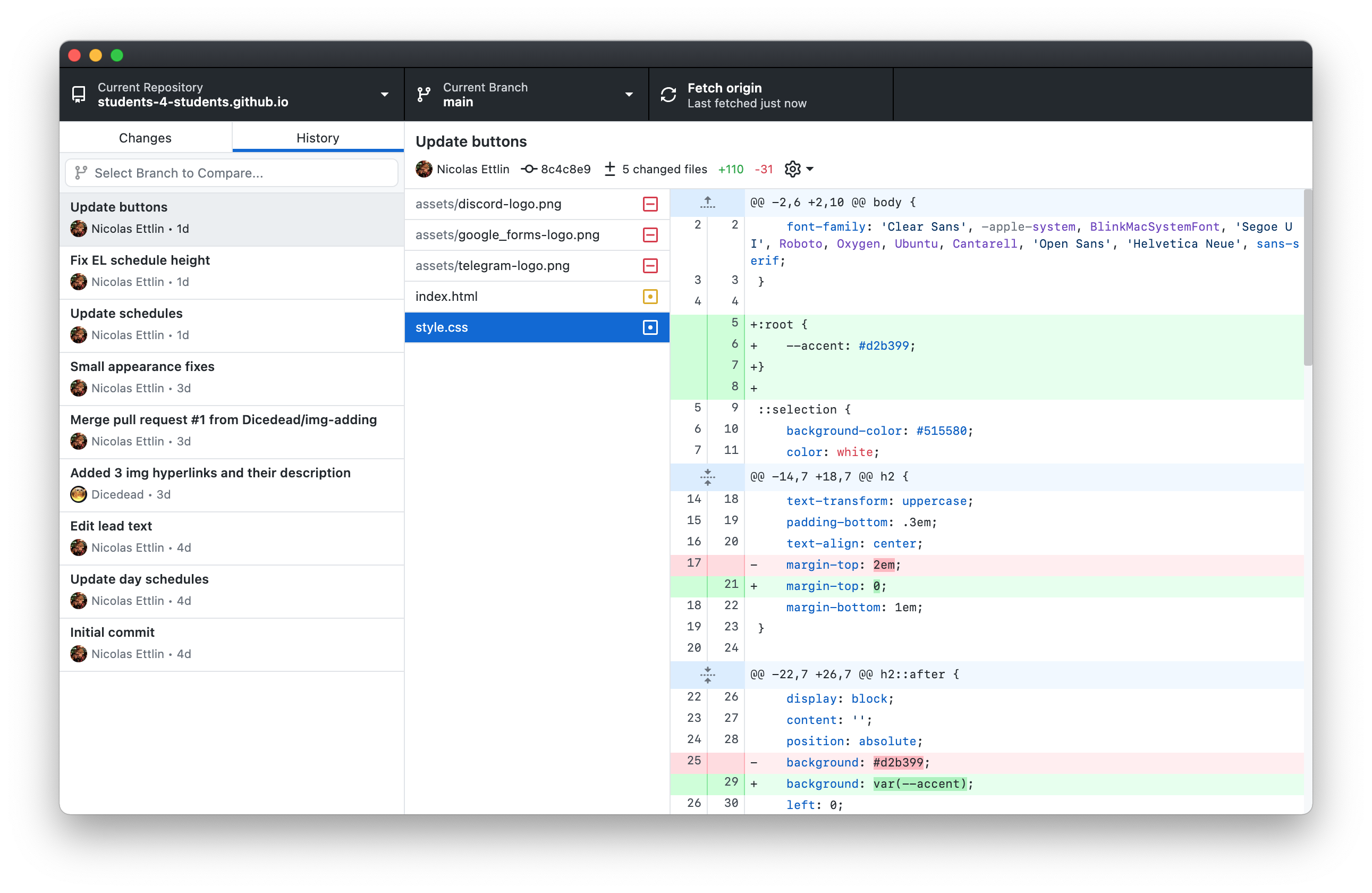 La vue History de GitHub Desktop