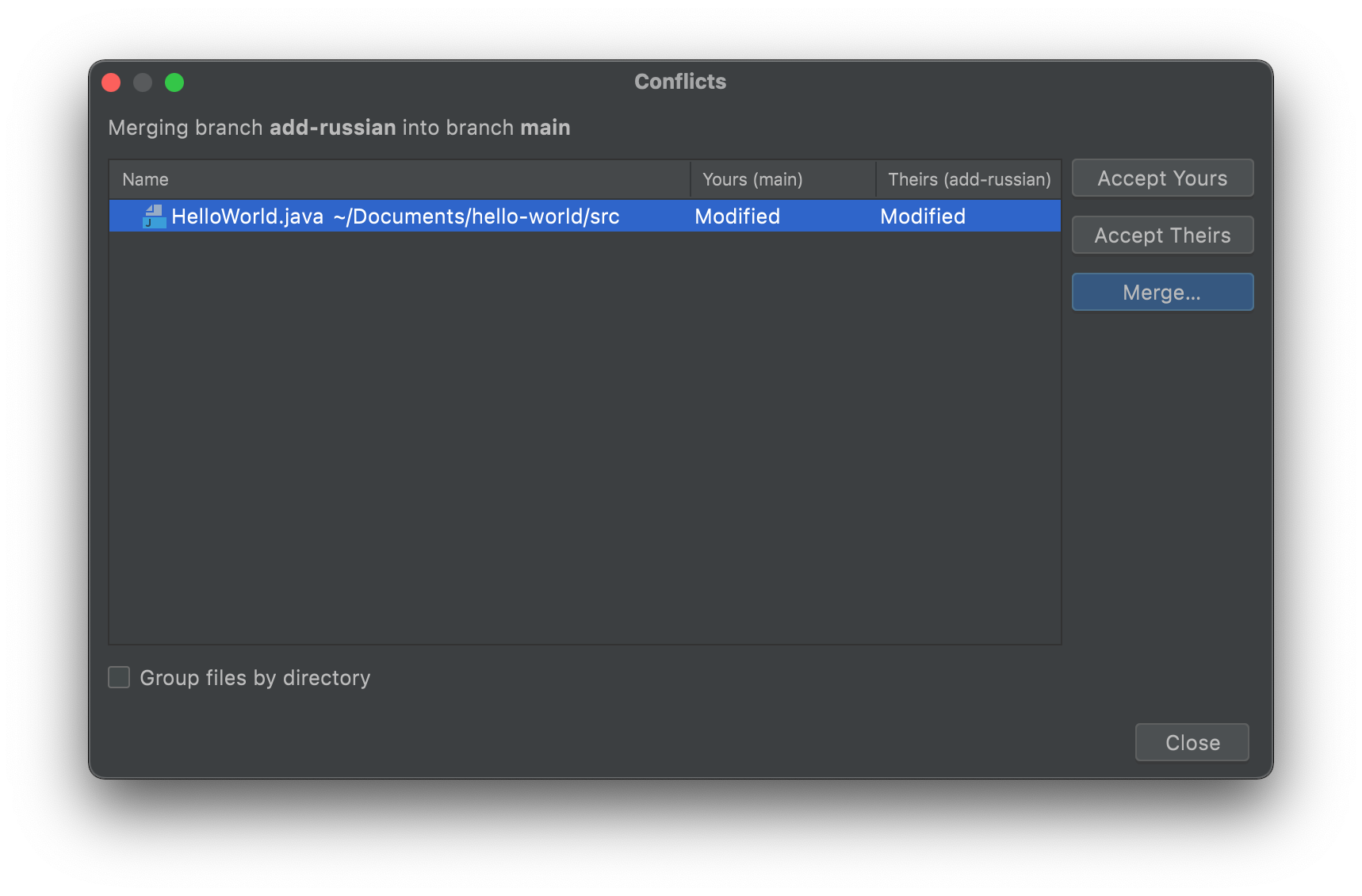 Fenêtre “Conflicts” d’IntelliJ IDEA