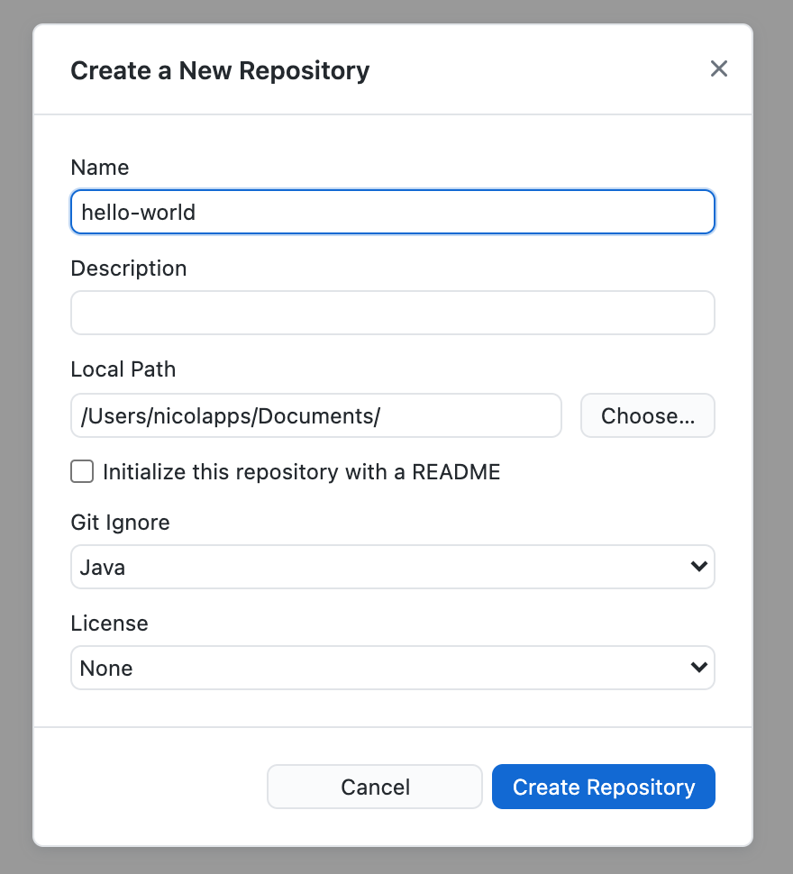 La fenêtre “Create a New Repository”