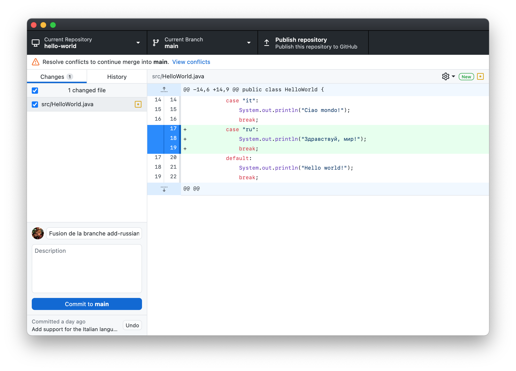 Fin d’une fusion dans GitHub Desktop