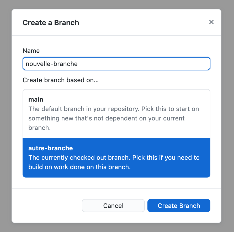 “Create branch based on…” dans GitHub Desktop