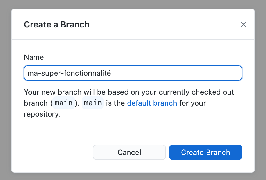 Fenêtre “Create a Branch” de GitHub Desktop