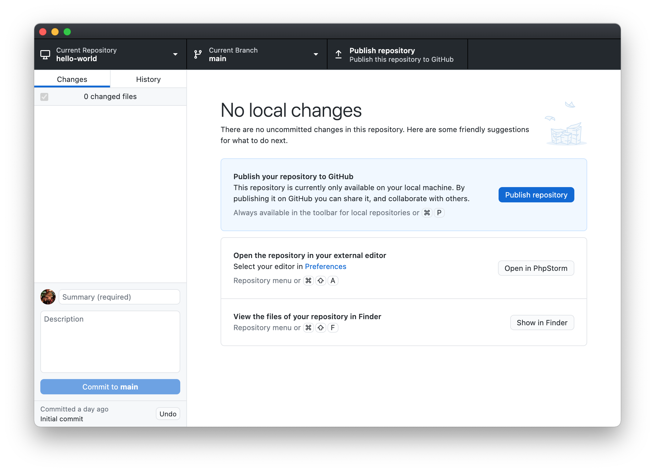 Fenêtre de GitHub Desktop indiquant “No local changes”