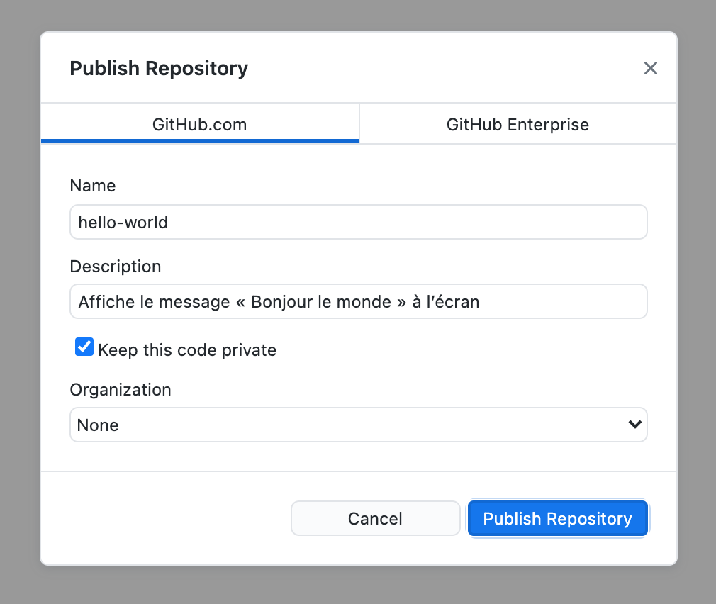 Fenêtre “Publish Repository” de GitHub Desktop