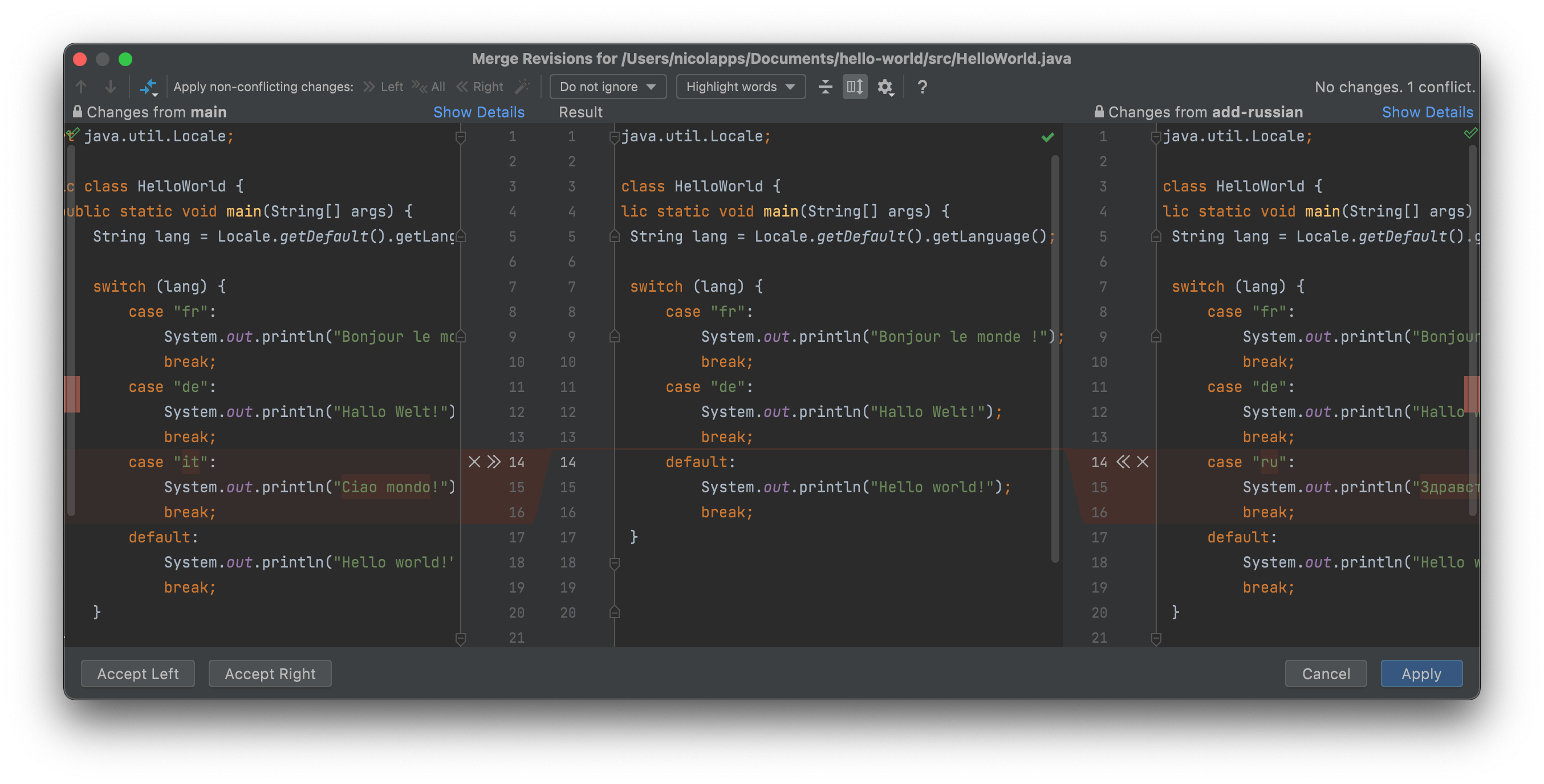 Fenêtre “Merge Revisions” d’IntelliJ IDEA